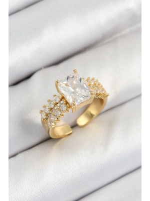 Pirinç  Büyük Zirkon Taşlı Model Gold Renk Kadın Yüzük