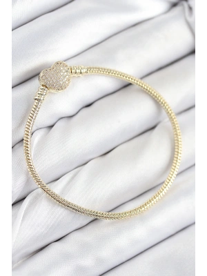 Pirinç Charm Zirkon Taşlı Kalp Model Gold Renk Kadın Bileklik