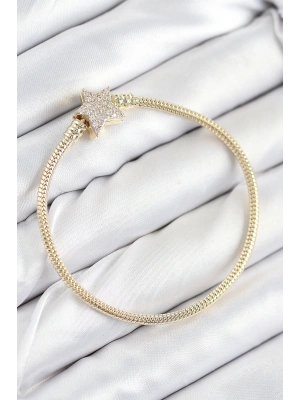 Pirinç Charm Zirkon Taşlı Yıldız Model Gold Renk Kadın Bileklik