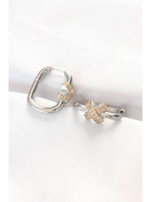 Pirinç Çift Renk Taşlı X Tasarımlı Dikdörtgen Küpe