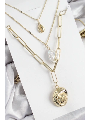 Pirinç Çoklu Zincirli İncili Deniz Kabuğu Model Gold Renk Kadın Kolye