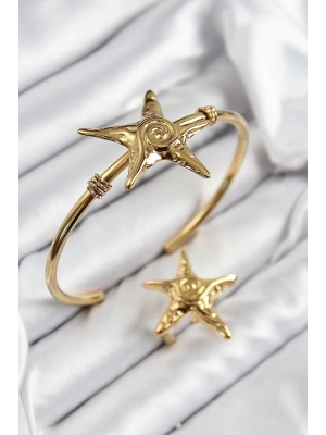Pirinç Deniz Yıldızı Model Gold Renk Bileklik Yüzük Set