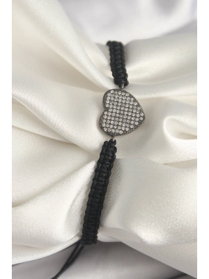 Pirinç Füme Renk Zirkon Taşlı Kalp Figür Asansörlü Makrome Model Kadın Bileklik