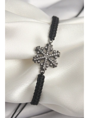 Pirinç Füme Renk Zirkon Taşlı Kar Tanesi Figür Makrome Asansörlü Model Kadın Bileklik