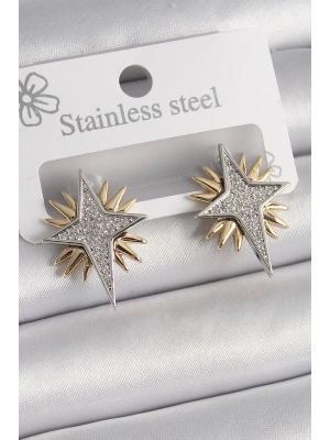 Pirinç Gold Gümüş Renk Zirkon Taşlı Kutup Yılıdız Model Kadın Küpe