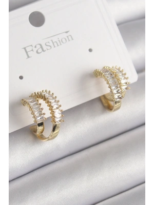 Pirinç Gold Renk 2Li Zirkon Taşlı Halka Model Kadın Küpe
