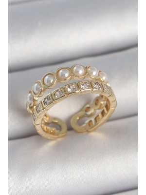 Pirinç Gold Renk 2Li Zirkon Taşlı Ve İncili Ayarlanabilir Kadın Yüzük