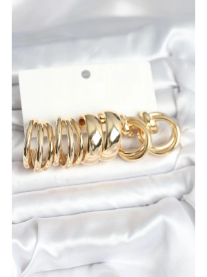 Pirinç Gold Renk 3 Çift Vintage Kadın Küpe Seti