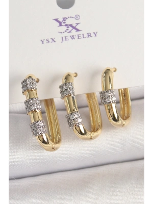 Pirinç Gold Renk 3Lü Halka Model Gümüş Zirkon Taş Detaylı Kadın Kombin Küpe