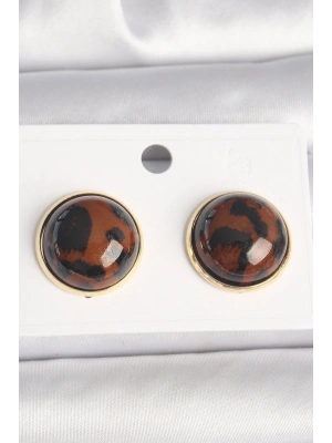 Pirinç Gold Renk 3D Daire Leopar Model Kadın Küpe