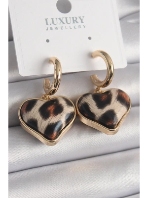 Pirinç Gold Renk 3D Kalp Leopar Model Kadın Küpe