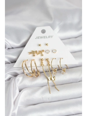 Pirinç Gold Renk 6 Çiftli Kadın Küpe Seti