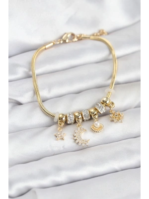 Pirinç Gold Renk Ay Charm Model Charmlı Kadın Bileklik