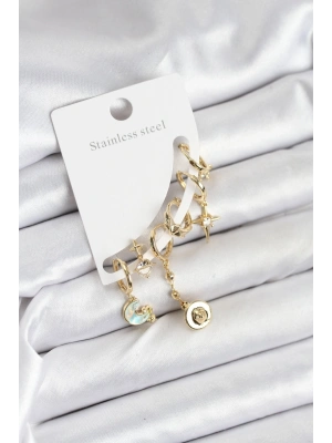 Pirinç Gold Renk Ay Model Kadın Set Küpe
