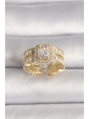 Pirinç Gold Renk Ayarlanabilir Baget Zirkon Taş Model Kadın Yüzük
