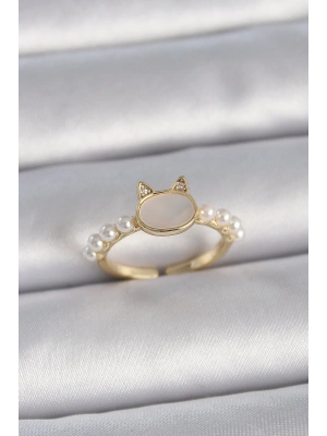 Pirinç Gold Renk Ayarlanabilir Beyaz Mineli Kedi Model İnci Detay Kadın Yüzük