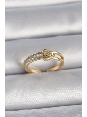 Pirinç Gold Renk Ayarlanabilir Zirkon Taşlı Düğüm Kalp Model Kadın Yüzük