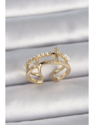Pirinç Gold Renk Ayarlanabilir Zirkon Taşlı İncili Yıldız Model Kadın Yüzük