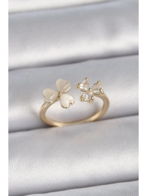 Pirinç Gold Renk Ayarlanabilir Zirkon Taşlı Kalp Beyaz Mineli Model Kadın Yüzük