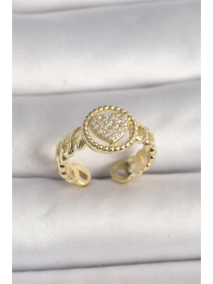 Pirinç Gold Renk Ayarlanabilir Zirkon Taşlı Kalp Model Kadın Yüzük