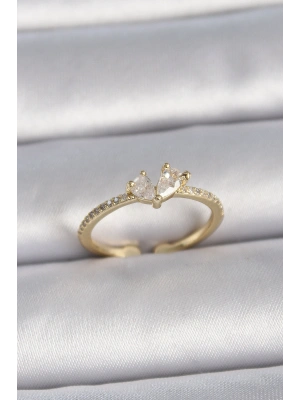 Pirinç Gold Renk Ayarlanabilir Zirkon Taşlı Kalp Model Kadın Yüzük