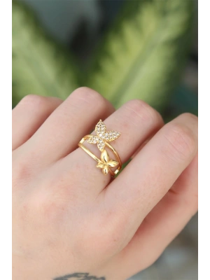 Pirinç Gold Renk Ayarlanabilir Zirkon Taşlı Kelebek Yüzük