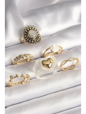 Pirinç Gold Renk Beyaz Gül Figür Kalp İşlemeli Sarmal Detay 6Lı Kadın Yüzük Seti