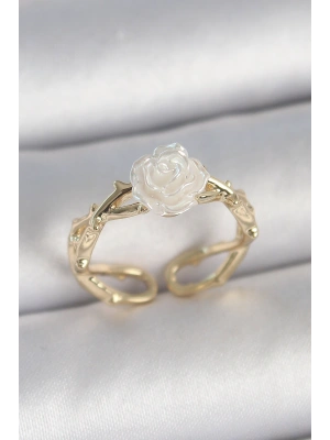 Pirinç Gold Renk Beyaz Gül Model Ayarlanabilir Kadın Yüzük