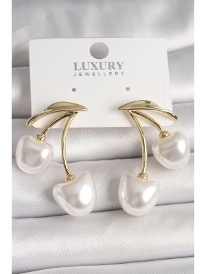 Pirinç Gold Renk Beyaz İnci Kiraz Model Kadın Küpe