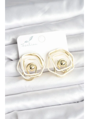 Pirinç Gold Renk Beyaz Mineli Geometrik Gül Model Kadın Küpe
