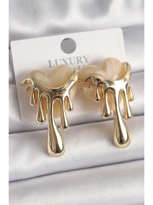 Pirinç Gold Renk Beyaz Sedefli Akan Kalp Model Kadın Küpe