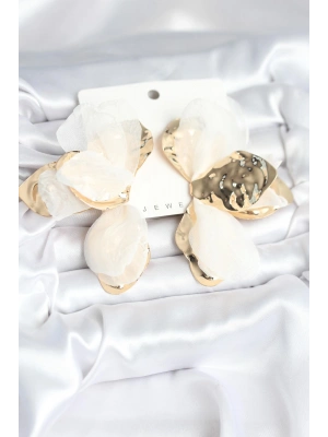 Pirinç Gold Renk Beyaz Tüllü Lotus Kadın Küpe