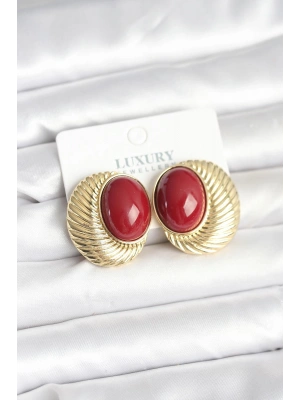 Pirinç Gold Renk Bordo Boncuklu Oval Vintage Kadın Küpe