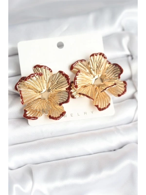Pirinç Gold Renk Bordo Renk Detaylı Lotus Kadın Küpe