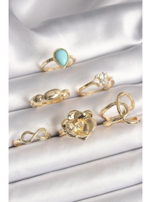 Pirinç Gold Renk Çiçek Model Model Sonsuzluk Zirkon Taş Detaylı 6Lı Kadın Yüzük Seti