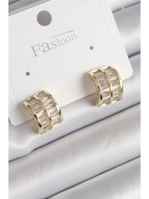 Pirinç Gold Renk Çift Sıra Zirkon Taşlı Kadın Küpe