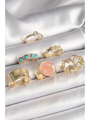 Pirinç Gold Renk Daire Pembe Mineli Zirkon Taş Detaylı 6Lı Kadın Yüzük Seti