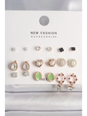 Pirinç Gold Renk Damla Zirkon Taşlı İncili Kalp Detay 9 Çift Kadın Küpe Seti