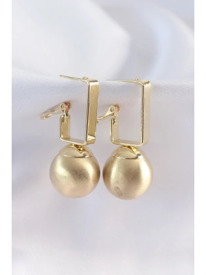 Pirinç Gold Renk Dikdörtgen Detay Oval Küpe