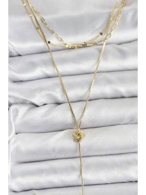 Pirinç Gold Renk Düğüm Model Detaylı 3lü Kombin Y Kadın Kolye