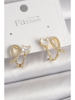 Pirinç Gold Renk Düğüm Model Zirkon Taşlı Kalp Detay Kadın Küpe