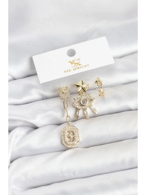 Pirinç Gold Renk Göz ve Kutup Yıldızı Model YSX Trio Küpe Seti