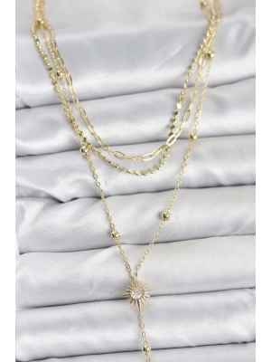 Pirinç Gold Renk Güneş Model Detaylı 3lü Kombin Y Kadın Kolye