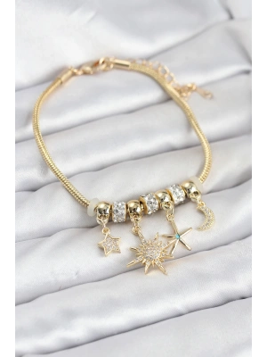 Pirinç Gold Renk Güneş Tema Charmlı Kadın Bileklik
