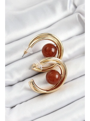 Pirinç Gold Renk Halka Model Kahverengi Boncuk Detay Kadın Küpe