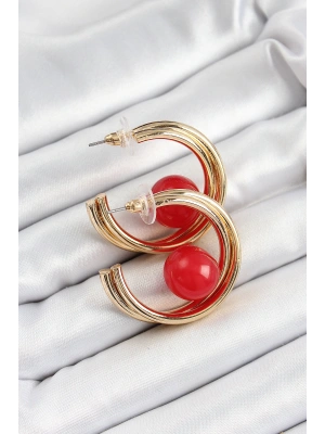 Pirinç Gold Renk Halka Model Kırmızı Boncuk Detay Kadın Küpe