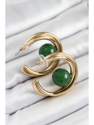 Pirinç Gold Renk Halka Model Yeşil Boncuk Detay Kadın Küpe