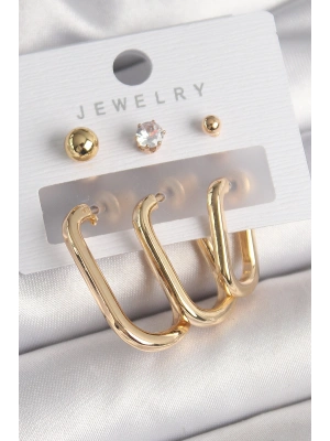 Pirinç Gold Renk Halka Model Zirkon Taş Topçuk Detay Kadın Küpe Seti