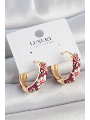 Pirinç Gold Renk Halka Mor Çiçek Mineli Kadın Küpe