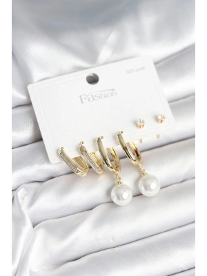 Pirinç Gold Renk İnci Detaylı 925 Ayar Gümüş Çivili Kadın Küpe Seti